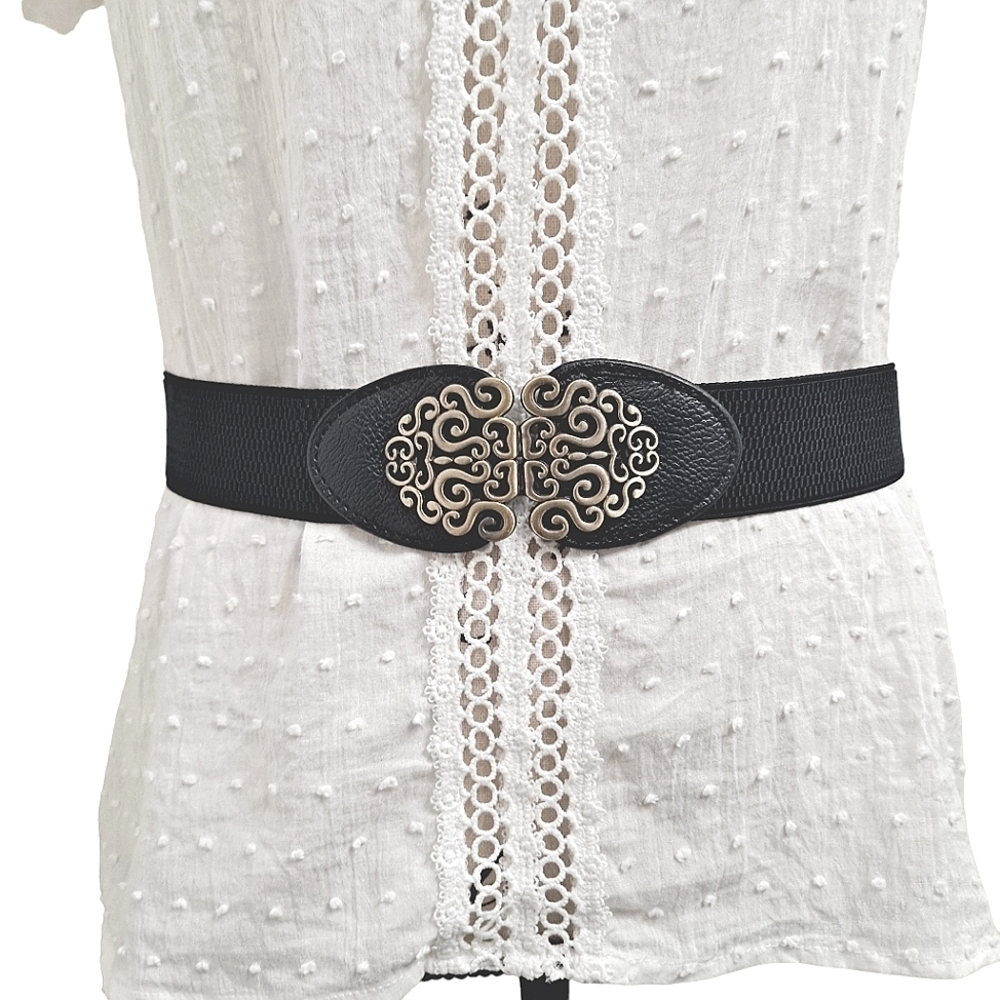 Black gold floral buckle faux leather corset boho stretch waist statement belt